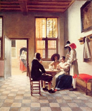 ピーテル・デ・ホーホ Painting - 太陽に照らされた部屋のカードプレイヤー ジャンル ピーテル・デ・ホーホ